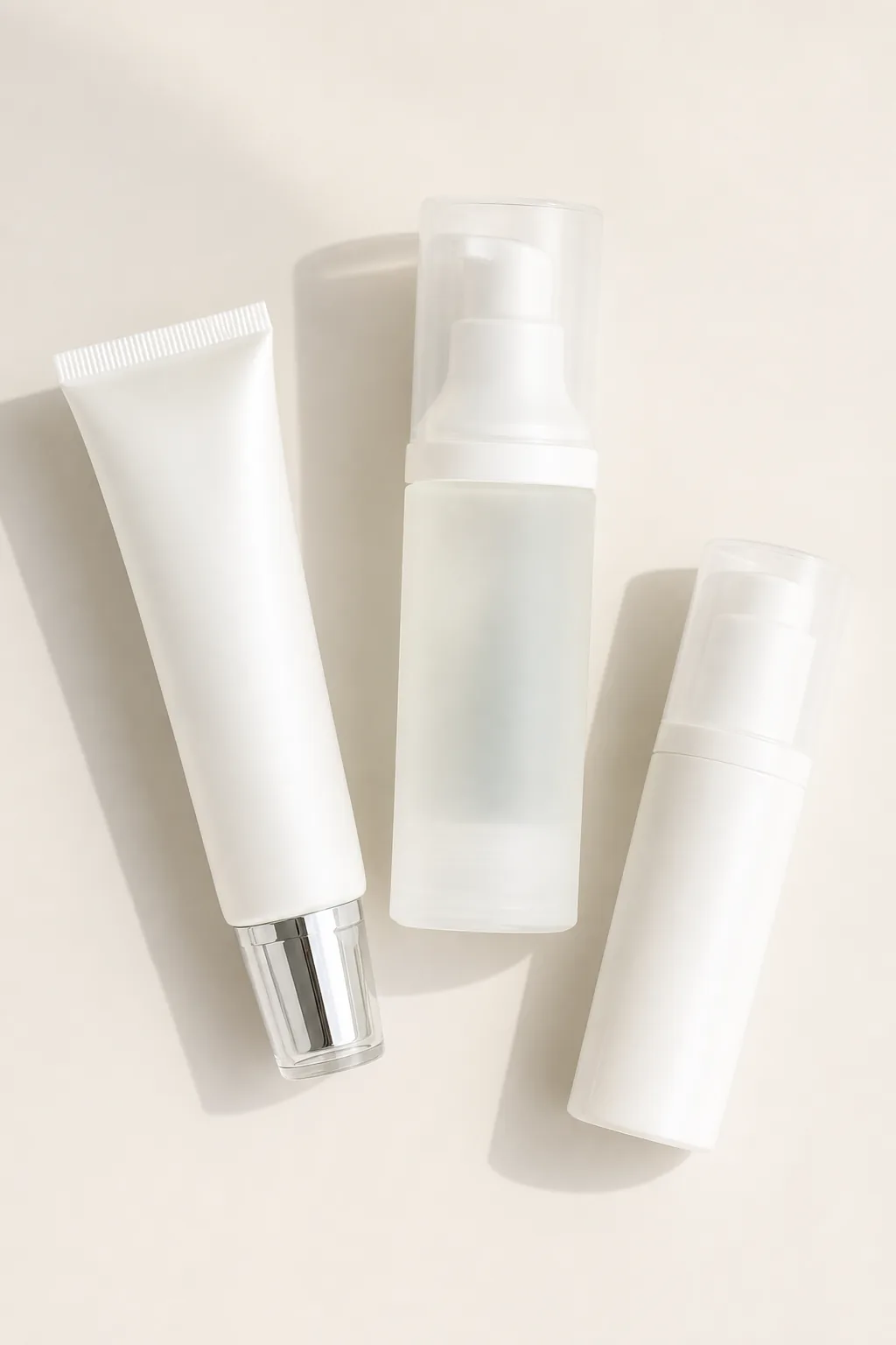 Overhead view of a white lotion tube, a frosted glass airless pump bottle and a white airless pump bottle.