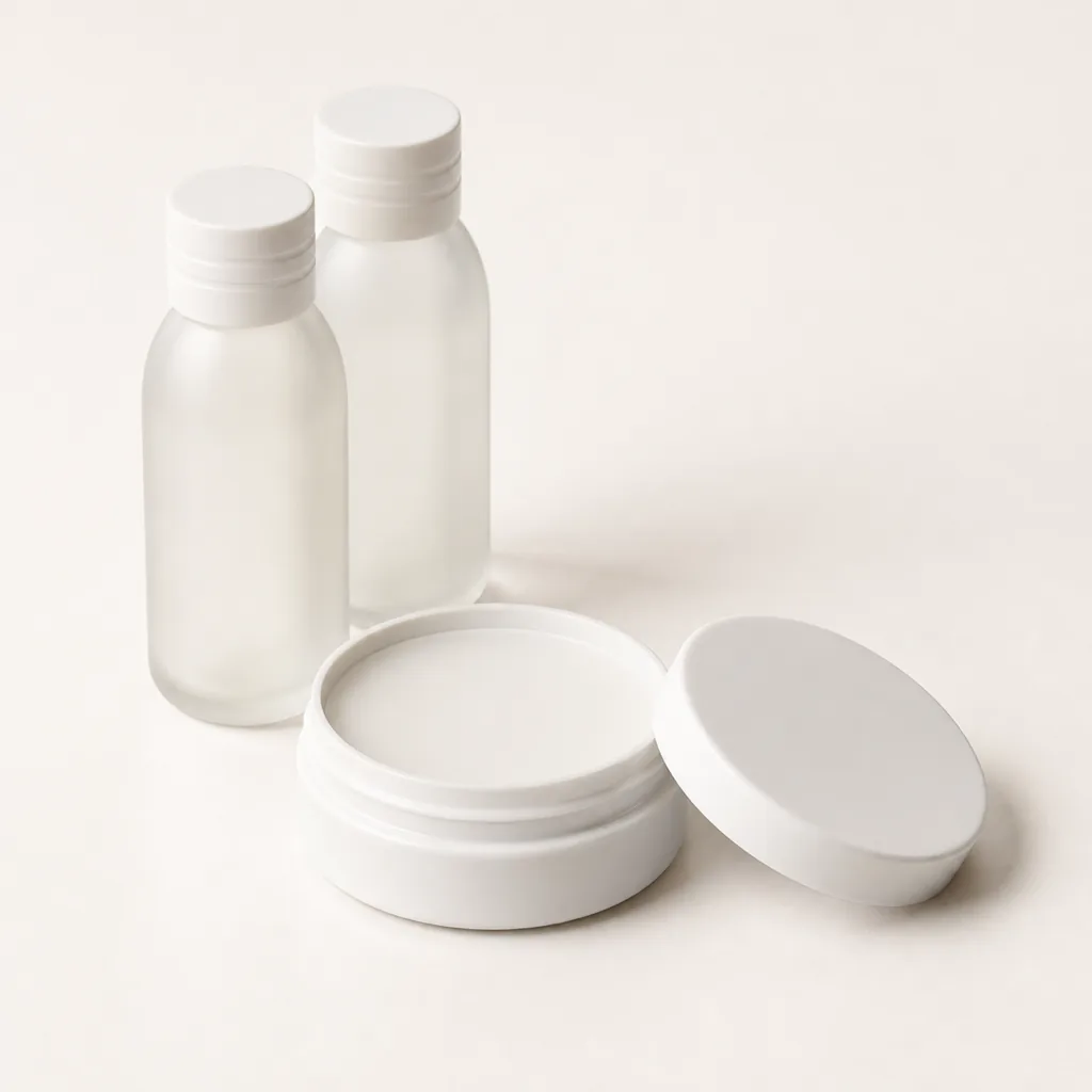 An open white cream jar beside two matte lotion bottles on a plain background.