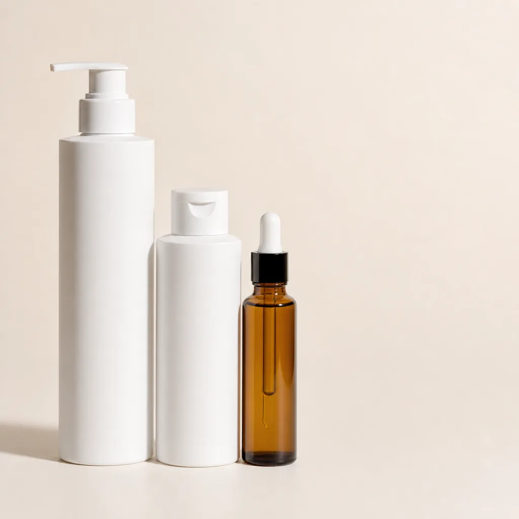 Unbranded hair care packaging: a shampoo bottle with pump, a conditioner bottle and an amber glass treatment oil dropper.