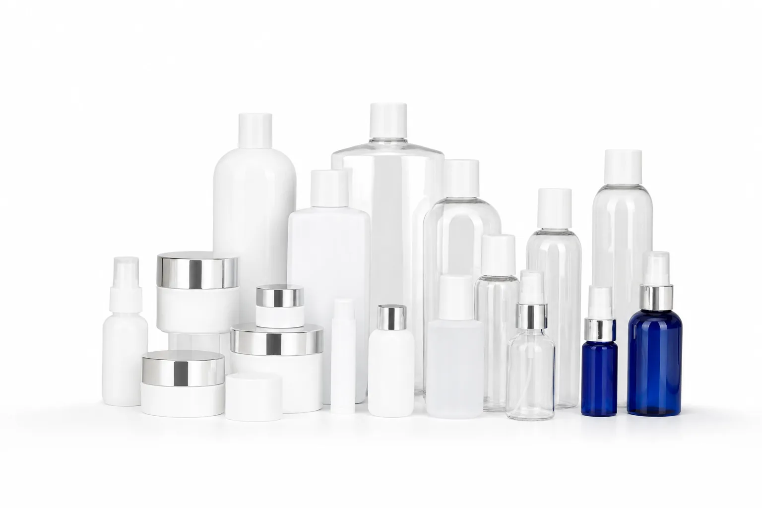 Standard plastic private label packaging: white and clear bottles, double-wall jars with silver lids, pumps and cobalt blue bottles.